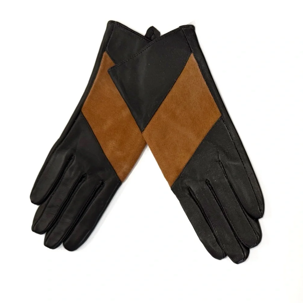 Calvin Klein Tan Black Leather Touchscreen Gloves NWT